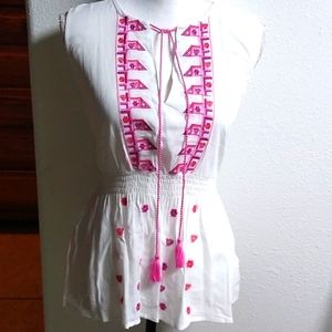 White Summer top pink embroidery